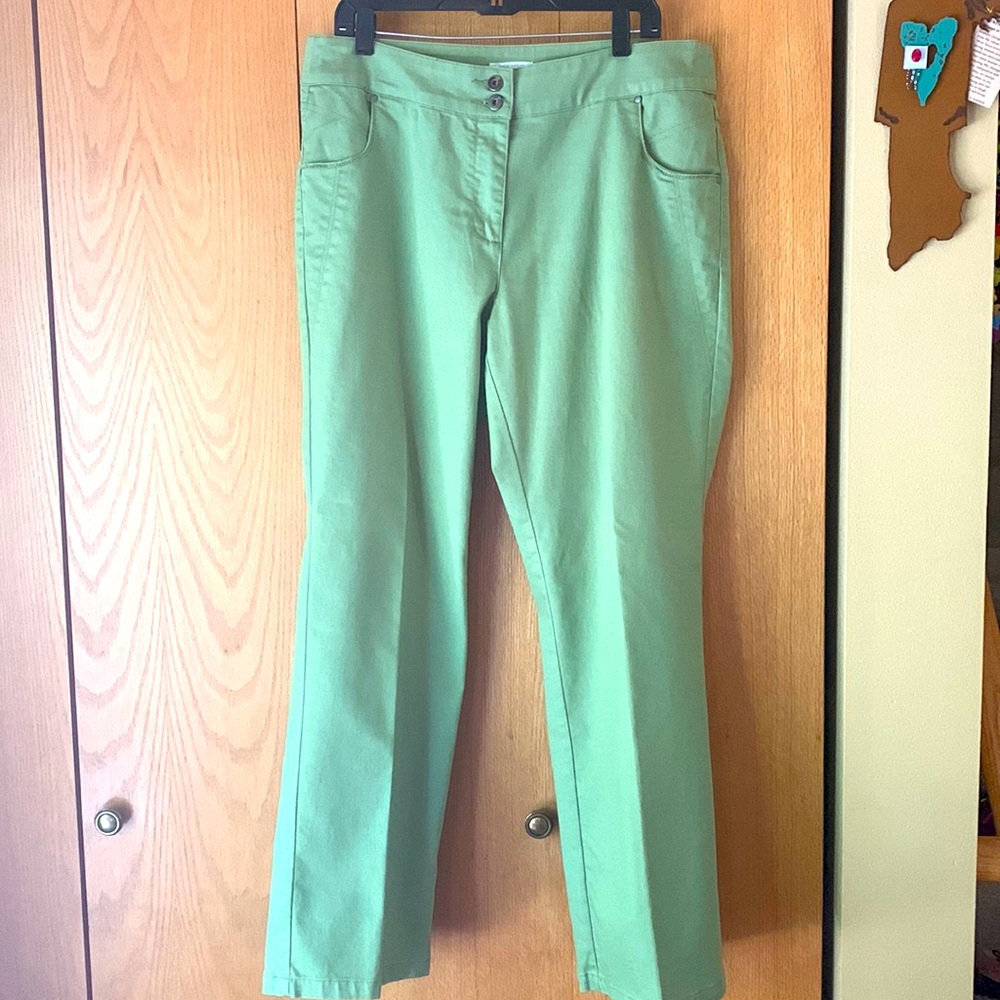 Christopher & Banks size 14 green stretch jeans 4 pockets tab button zip EUC